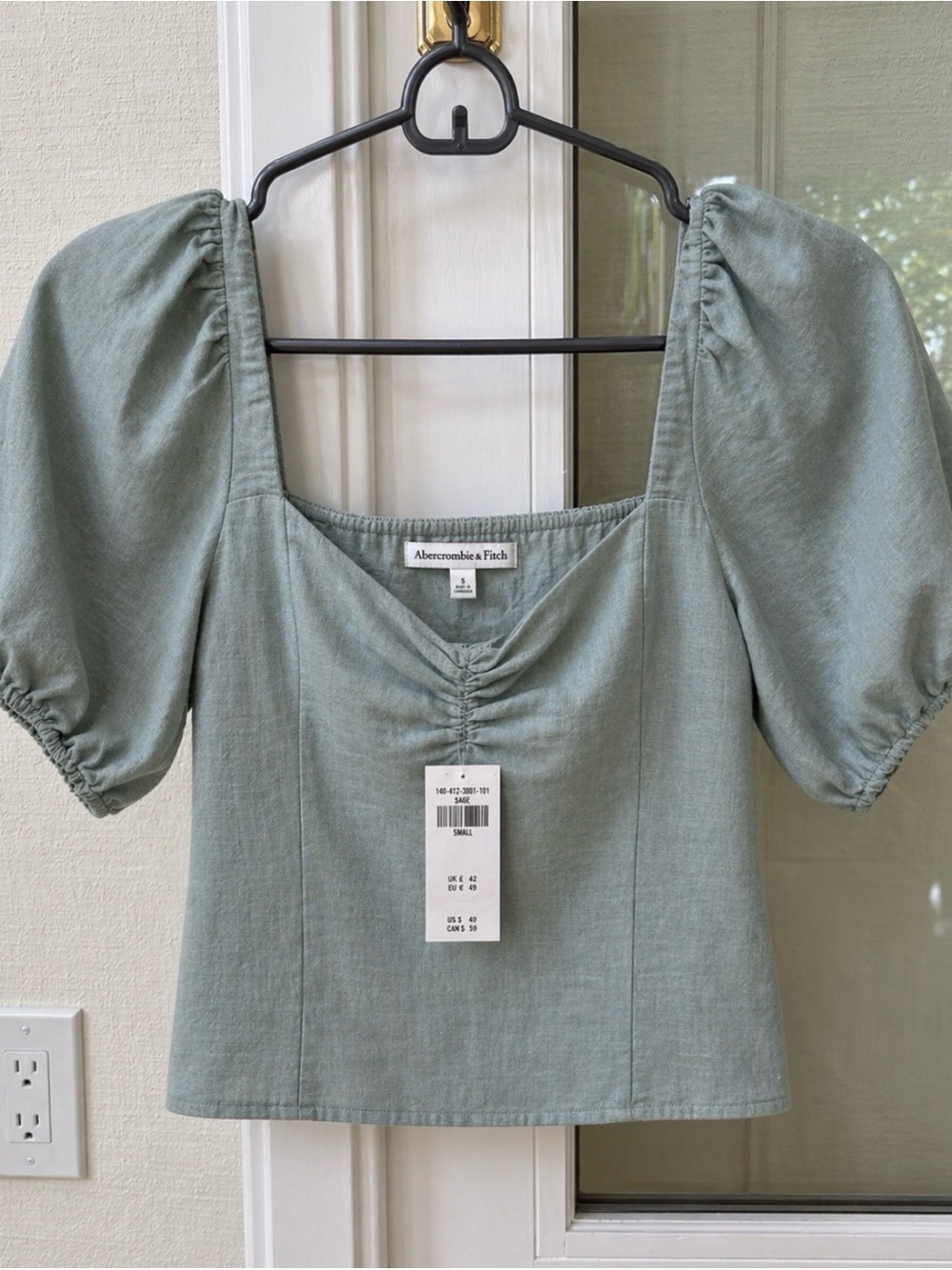 Abercrombie & Fitch Sage Green Puff Sleeve Square-Neck Top